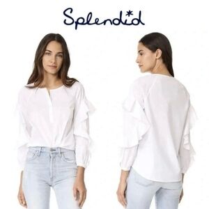 Splendid Half Button Ruffle Sleeve Poplin Blouse Women S White